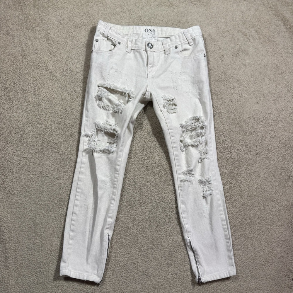 One by One Teaspoon Jeans Womens 28 Trashed Free Birds White Rigid Skinny Leg